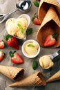 Vanilla ice cream scoop with fresh strawberries and icecream cones Royalty Free Stock Photo