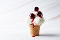 Vanilla ice cream scoop in a serve waffle cone with canned cherries and cherry syrup Royalty Free Stock Photo