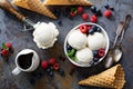 Vanilla ice cream scoops in a bowl with fresh berries Royalty Free Stock Photo