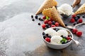 Vanilla ice cream scoops in a bowl with fresh berries Royalty Free Stock Photo