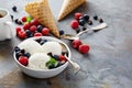 Vanilla ice cream scoops in a bowl with fresh berries Royalty Free Stock Photo