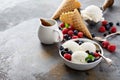 Vanilla ice cream scoops in a bowl with fresh berries Royalty Free Stock Photo