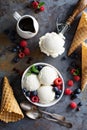 Vanilla ice cream scoops in a bowl with fresh berries Royalty Free Stock Photo