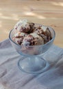 Vanilla ice cream scoops with chocolate sauce in bowl. Selective Royalty Free Stock Photo