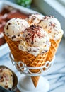 Vanilla Ice Cream Scoops with Chocolate Shavings in Waffle Cones Royalty Free Stock Photo