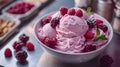 Vanilla ice cream scoops with fresh berries on the concrete dark background Royalty Free Stock Photo