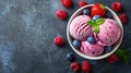 Vanilla ice cream scoops with fresh berries on the concrete dark background Royalty Free Stock Photo