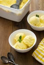 Vanilla ice cream scoops sundae in bowl on wooden background Royalty Free Stock Photo