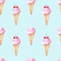 Watercolor vanilla ice cream seamless pattern with red cherry. Cold summer dessert art print with pastel blue background Royalty Free Stock Photo