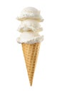 Vanilla ice cream with three scoops served on a waffle cone isolated on white Royalty Free Stock Photo