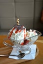 Fresh strawberries and vanilla ice cream with whipped cream on a glass bowl. Royalty Free Stock Photo