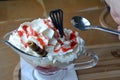 Vanilla ice cream and whipped cream with hot strawberries on a glass bowl. Royalty Free Stock Photo