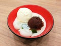 Vanilla icecream green tea jelly with red bean paste and soy mil Royalty Free Stock Photo