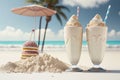 Vanilla milkshake smoothie on a tropical ocean beach. Generative AI