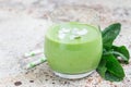 Vanilla, mint, spinach and coconut milk detox green smoothie in a glass, horizontal, copy space Royalty Free Stock Photo