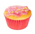 Vanilla muffin with pink icing and colored sprinkles Royalty Free Stock Photo