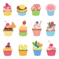 Vanilla muffins and cupcakes with chocolate. Vector illustration in flat style