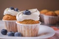 Vanilla muffins garnished with whipped cream and blueberries.Vanilla muffins decorated with cream and blueberries. Royalty Free Stock Photo