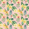 Vanilla Orchid flower Seamless watercolor floral pattern tropical background palm leaf monstera Wallpaper Hawaiian style Royalty Free Stock Photo