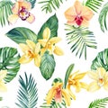 Vanilla Orchid flower Seamless watercolor floral pattern tropical background palm leaf monstera Wallpaper Hawaiian style Royalty Free Stock Photo