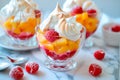 Vanilla peach dessert or melba ice cream with peach fruits. Colorful assortment of fruit salad topped with whipped cream Royalty Free Stock Photo