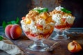 Vanilla peach dessert or melba ice cream with peach fruits. Colorful assortment of fruit salad topped with whipped cream Royalty Free Stock Photo