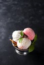 Vanilla and pink ice cream in a bowl with frozen berries and waffle cone Royalty Free Stock Photo