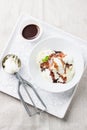 Vanilla andÃÂ pistachio ice cream with chocolate sauce in a bowl on a plate with ice scoop spoon Royalty Free Stock Photo
