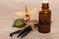 Vanilla pods, aromatherapy oil and orchid flowers on wooden back