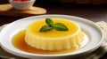 Vanilla Pudding. homemade caramel custard pudding with mint. AI Generative