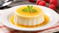 Vanilla Pudding. homemade caramel custard pudding with mint. AI Generative