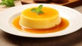 Vanilla Pudding. homemade caramel custard pudding with mint. AI Generative