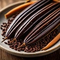 Vanilla seeds closeup on wooden board background Royalty Free Stock Photo