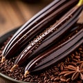Vanilla seeds closeup on wooden board background Royalty Free Stock Photo