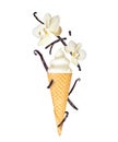 Vanilla soft serve ice cream with vanilla sticks and flowers in wafer cone close-up, isolated on white background Royalty Free Stock Photo