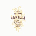 Vanilla Spice Farm Abstract Vector Sign, Symbol or Logo Template. Hand Drawn Vanilla Sticks and Flower with Premium