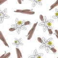 Vanilla stick and flower hand drawn seamless pattern. Flavor vanilla blossom illustration