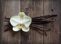 Vanilla sticks and flower on the wood