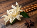 Vanilla sticks and flower on wooden background. Generative AI