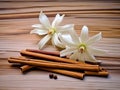 Vanilla sticks and flower on wooden background. Generative AI