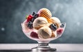 Vanilla, strawberry and chocolate ice cream scoops with wafer stick in sundae bowl or ice cream in sundae This photo was Royalty Free Stock Photo