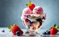 Vanilla, strawberry and chocolate ice cream scoops with wafer stick in sundae bowl or ice cream in sundae This photo was Royalty Free Stock Photo