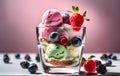 Vanilla, strawberry and chocolate ice cream scoops with wafer stick in sundae bowl or ice cream in sundae This photo was Royalty Free Stock Photo