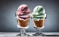 Vanilla, strawberry and chocolate ice cream scoops with wafer stick in sundae bowl or ice cream in sundae This photo was Royalty Free Stock Photo