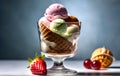 Vanilla, strawberry and chocolate ice cream scoops with wafer stick in sundae bowl or ice cream in sundae This photo was Royalty Free Stock Photo