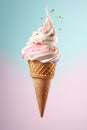 vanilla and strawberry ice cream in cone in the air on pastel background Royalty Free Stock Photo