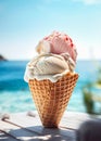 Vanilla Strawberry Ice cream on the tropical beach. Ai generative Royalty Free Stock Photo