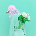 Vanilla summer style. Girl 90s aesthetic. Monochrome color trends.  Aqua Menthe and flowers bloom mood Royalty Free Stock Photo