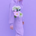 Vanilla summer style. Girl 90s aesthetic. Monochrome color trends. Purple and flowers bloom pastel vibes Royalty Free Stock Photo