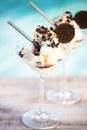 Vanilla sundae ice cream with chocolate sauce and cookies Royalty Free Stock Photo